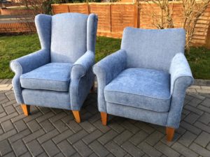 2 arm chairs recovered in a blue Herringbone Chenille