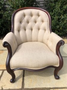 Victorian buttoned back chair totally recovered and reupholstered in cream flat weave fabric