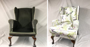 Winged arm chair completely recovered and reupholstered in a Blendworth fabric