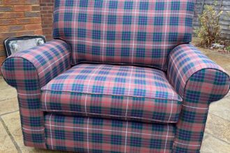 Large armchair recovered in a Scottish tartan fabric