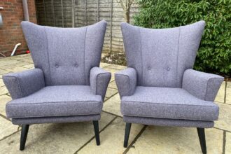 Pair of vintage G Plan chairs recovered in a wool fabric