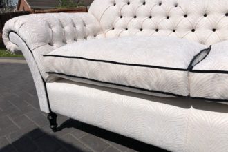 Buttoned sofa recovered with new feather/fibre filled cushions