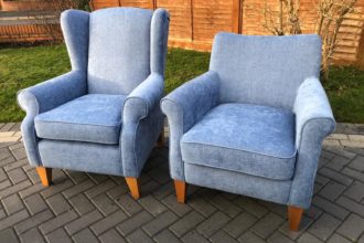 2 arm chairs recovered in a blue Herringbone Chenille