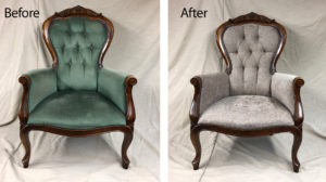 antique re production chair recovered in mink chenille