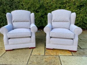 2 Multi York armchairs recovered in a grey linen fabric