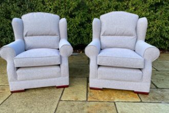 2 Multi York armchairs recovered in a grey linen fabric