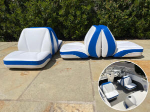 4 Helmsman Seats for a boat all recovered in white and blue contrast.