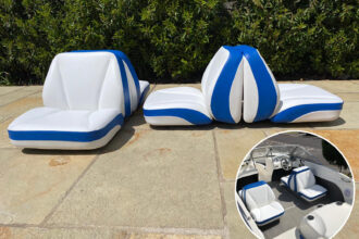 4 Helmsman Seats for a boat all recovered in white and blue contrast.