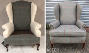 Fully recovered winged back armchair