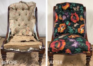 A Victorian nursing chair completely re-upholstered