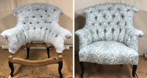 Before and After of a Victorian button back chair completely reupholstered in Linwood fabric