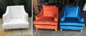 Before and after... A pair of multi York armchairs recovered in some striking colours