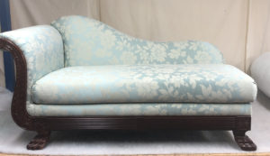 A chaise brought back to life in duck egg blue with a contrasting pattern