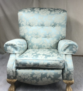 A recliner brought back to life in duck egg blue with a contrasting pattern