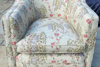 Armchair restored and recovered in Linwood Acadia