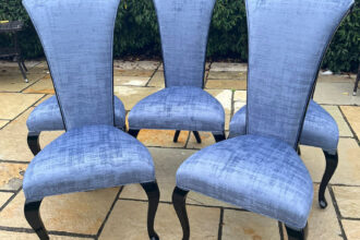 Christopher Guy dining chairs recovered in blue velvet