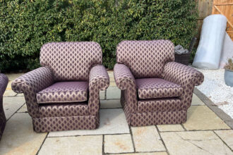 Peter Guild armchairs in patterned chenille from Ross Fabrics